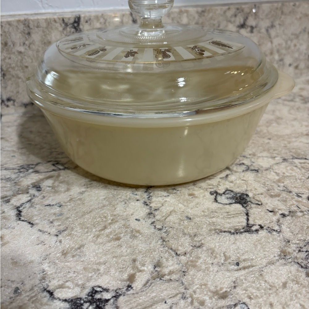 Fire King White Milk Glass Covered Dish with Gold Embossed Marking Lid Vintage